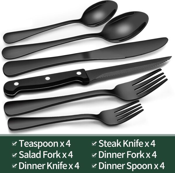 24-Piece Black Silverware Set – Stainless Steel Flatware with Steak Knives - Image 3