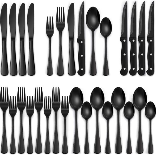 24-Piece Black Silverware Set – Stainless Steel Flatware with Steak Knives